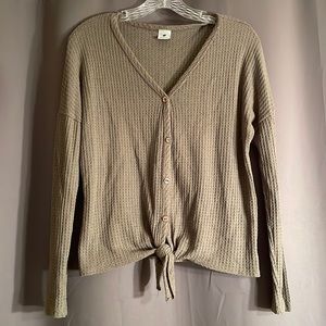 Sage green waffle knit button down tie front shirt